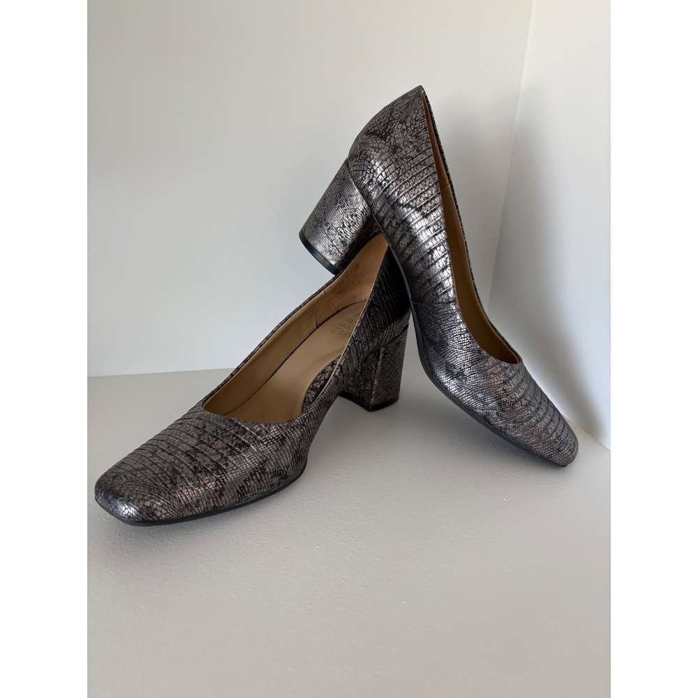 Naturalizer Womens Pewter Metallic Snake Print Block Heel Square Toe Pumps 9.5M